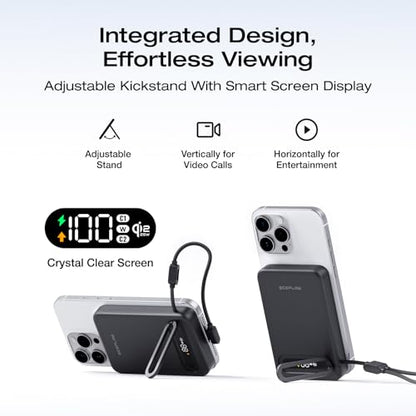 EF ECOFLOW Rapid Mag Power Bank, Qi2.2 25W MagSafe-Compatible Portable Charger, 10,000mAh Magnetic Power Charger with Built-in USB-C Cable and Foldable Stand, for iPhone 17/16/15 - color: Black