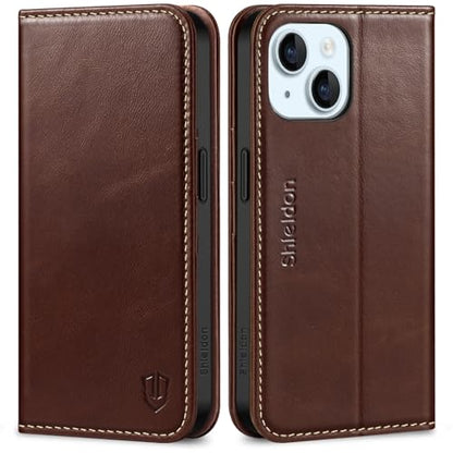 SHIELDON Genuine Leather Wallet Case for iPhone 15 6.1" 2023, Retro Coffee | RFID Blocking, Credit Card Holder, Magnetic Closure, Kickstand, Folio Design, Shockproof Phone Cover - color: Retro Coffee