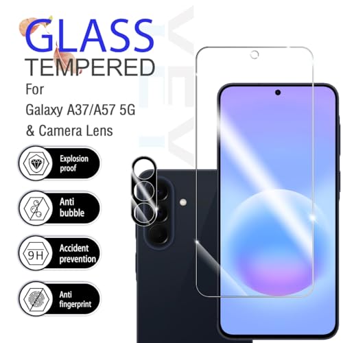 Galaxy A57 / A37 HD Clear Tempered Glass Screen Protector + Camera Lens Protectors, [2+2 Pack] [3D Glass] [Anti-Glare] [Bubble-Free] Screen Protector Glass For Samsung Galaxy A57 / A37 - size: Galaxy A57/A37