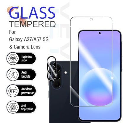 Galaxy A57 / A37 HD Clear Tempered Glass Screen Protector + Camera Lens Protectors, [2+2 Pack] [3D Glass] [Anti-Glare] [Bubble-Free] Screen Protector Glass For Samsung Galaxy A57 / A37 - size: Galaxy A57/A37