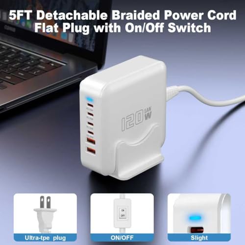USB C Fast Charger Block, 120W 6-Port Charging Station GaN Hub Adapter, USB C Wall Multi Charger Power Strip Plug with On/Off Switch for iPad iPhone 17 16 15 14 13 12 Pro Max Galaxy S23 (White) - color: White