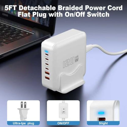 USB C Fast Charger Block, 120W 6-Port Charging Station GaN Hub Adapter, USB C Wall Multi Charger Power Strip Plug with On/Off Switch for iPad iPhone 17 16 15 14 13 12 Pro Max Galaxy S23 (White) - color: White