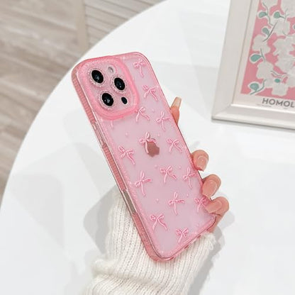 NITITOP Compatible with iPhone 16 Pro Case Cute Clear Pink Glitter Bow Knot Design Shiny Star Sparkle Bling Diamond Girls Women Soft TPU Shockproof Protective Phone Cover - Large Bow Heart - color: Large Bow Heart, size: iPhone 16 Pro