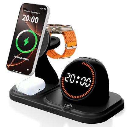 Wireless Charging Station with Clock,6-in-1 Charging Stand - color: Black