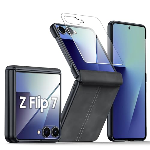 for Samsung Galaxy Z Flip 7 Case with Hinge Protection & Built-in Screen Protector, Ultra Thin Stylish Leather Matte PC Durable Shockproof Cover Phone Case for Galaxy Z Flip 7-Black Gray - color: Black, size: Z Flip 7