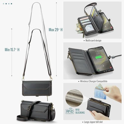for Samsung Galaxy S23 FE Wallet Case with Card Holder, Black | RFID Blocking Slots, Crossbody Lanyard, Wrist Strap, Zipper Pocket Purse Handbag, Magnetic Closure - color: Black, size: Galxay S23 FE