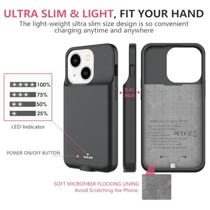BOPPS Battery Case for iPhone 15/15 Pro, [2026 Upgraded] Slim 8500mAh Portable Protective Chargier Case with Carplay Compatible for iPhone 15，15 Pro Charging Case，Black - size: iPhone 15/15 Pro