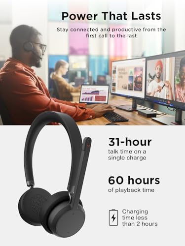 Lenovo Wireless Stereo Headset, Noise Cancelling Mic, Bluetooth 5.3 Multipoint, 31-Hour Talk & 60-Hour Playback, Lightweight 138g, Replaceable Earcups Over-Ear Comfort, Gaming, Office, & PC Use - style: Wireless - ENC
