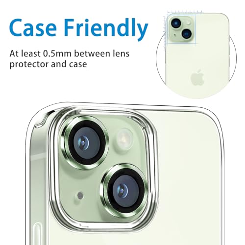 Compatible with iPhone 15 and 15 Plus Camera Lens Protector, Anti-Scratch Lens Cover 9H Tempered Glass Metal Camera Screen Protector Shockproof Camera Ring for iPhone 15 and 15 Plus - 2 Pcs - color: Green
