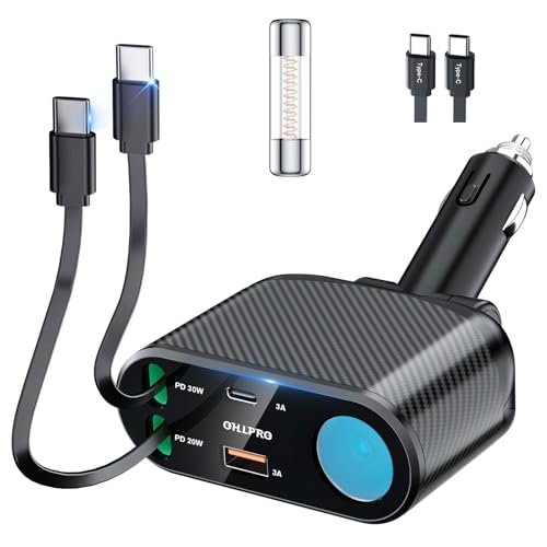 OHLPRO Retractable Car Charger Cigarette Lighter Adapter, 168W 5 in 1 Fast Phone Charging Built-in Replaceable Fuse, Socket Splitter with USB C and USB C Cord, Fit for Phone iPad Galaxy GPS, Grey - size: USB-C+USB-C