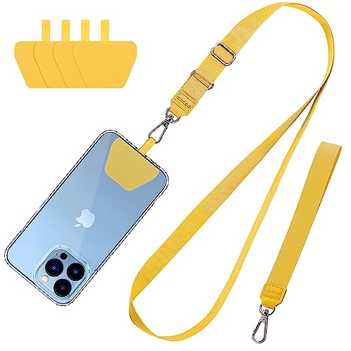 CACOE Phone Lanyard 2 Pcs-1 Pcs Adjustable Neck Strap,1 Pcs Wrist Strap,4 Pads,Universal Crossbody Multifuctional Cell Phone Lanyards Compatible with Most Smartphones(Yellow) - color: Yellow