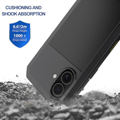 for iPhone 16 Metal Case 6.1",Heavy Duty Shockproof Aluminum Alloy Tough Armour Military Grade Phone Case,360 Full Body Protective Cover with Silicone Built-in Screen Protector - Black - color: Black