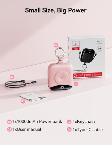 Portable Charger 10000mAh 22.5W Power Bank Built-in 2 Cables Keychain | Charge 5 Devices, TSA approved, Travel Fast Charging Battery Pack for iPhone Samsung Google Android & iWatch Charger, Pink - color: Pink
