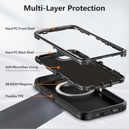 TUTUKII Magnetic for iPhone 16e/17e Case with Belt Clip Holster (Black) | MagSafe Compatible, Heavy-Duty Military-Grade Drop Protection, 3-Layer Rugged Shockproof Protective Cover 6.1-Inch - size: iPhone 16e &17e 6.1"