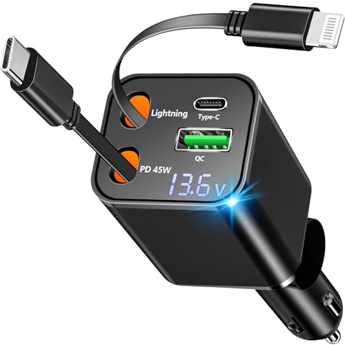 Apple MFi Certified Retractable Car Charger, 120W PD/QC USB C Car Charger - color: Jet Black