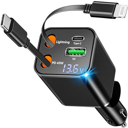Apple MFi Certified Retractable Car Charger, 120W PD/QC USB C Car Charger - color: Jet Black