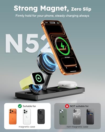 Foldable 3 in 1 Charging Station for Magsafe, Magnetic Phone and Watch Charger Stand for Apple Devices, Wireless Desk Charger Dock for iPhone 17 16 15 14 13 12 Series, Apple Watch and Airpods
