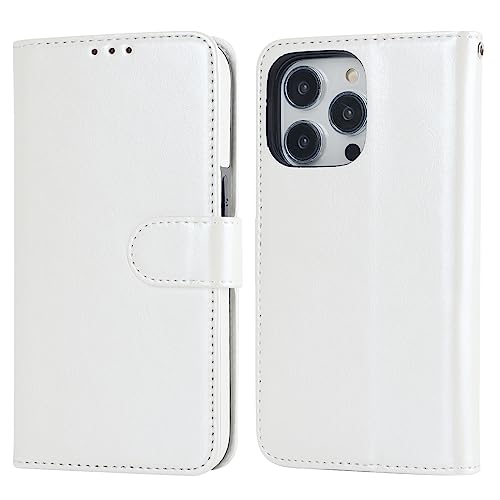 Bocasal Detachable Wallet Case Card Holder for iPhone 14 Pro, White | RFID Blocking Kickstand Card Slots Holder PU Leather Magnetic Shockproof Wrist Strap Removable Flip Protective Cover 6.1 inch - color: White