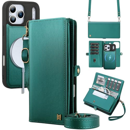 for Wallet Case Compatible with iPhone 17 Pro Max,Multi-Function Detachable 2 in 1 Magnetic iPhone 17 Pro Max Case Wallet,Flip Strap Zipper Card Holder Phone Case with Shoulder Straps (Green) - color: Green, size: iPhone 17 Pro Max