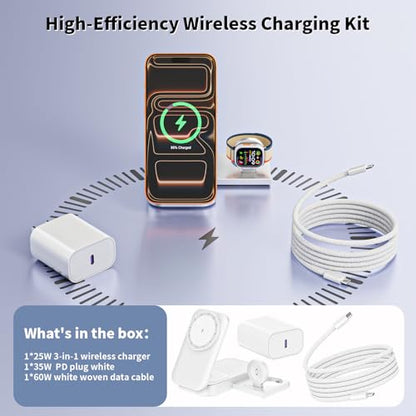 [Apple MFi Certified]Magnetic Charger 3 in 1 Charging Station,25W Wireless Foldable Mag-Safe Charger 6FT USB-C Cable Wireless iPhone Charging Station Compatible with iPhone 17/16/15/14/13/12 Pro/Plus