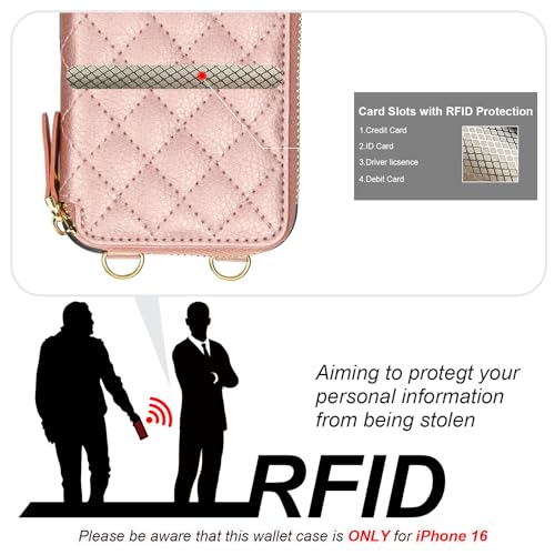 Bocasal Crossbody Wallet Case Card Holder for iPhone 16, Rose Gold | RFID Blocking PU Leather Zipper Handbag Purse, Kickstand Flip Folio Case with Card Slots Holder Wrist Strap Lanyard 6.1 Inch - color: Rose Gold