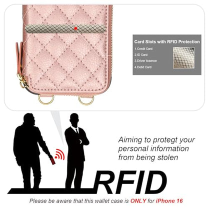 Bocasal Crossbody Wallet Case Card Holder for iPhone 16, Rose Gold | RFID Blocking PU Leather Zipper Handbag Purse, Kickstand Flip Folio Case with Card Slots Holder Wrist Strap Lanyard 6.1 Inch - color: Rose Gold