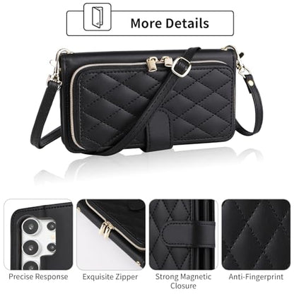 Wallet Case for Samsung Galaxy S21 Ultra 5G with Wrist Strap, 9+ Card Slots Zipper Purse, Luxury PU Leather Stand Full Body Phone Cover for S21ultra 21S S 21 21ultra G5 Women Girls Black | Wrist/Shoulder Strap, Card Slots, Purse, Luxury PU Leather, Stand,