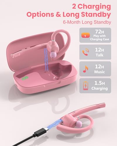 New Bee Bluetooth Headset V5.1 72H Talk Time Dual Mic with Mute Button for Business, Wireless Hand-Free Bluetooth Earpiece with 500mAh Charging Case for Cell Phone Calls Trucker Driver Laptop - color: Pink
