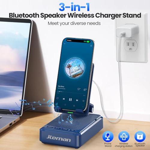 Jteman Cell Phone Stand with Bluetooth Speaker and Wireless Charger - color: Blue