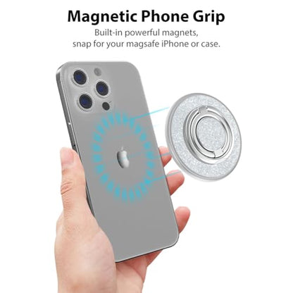Magnetic Phone Grip Compatible with MagSafe, Magnetic Phone Ring Holder Finger Kickstand Wireless Charging Compatible, Double Cell Phone Rings Gripper Stand for MagSafe iPhone - Sparkle Silver - color: Sparkle Silver