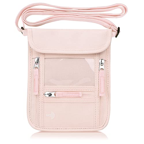 WALNEW Passport Holder Neck Pouch Travel Wallet for Women and Men, RFID Blocking Security Slim Traveling Wallet with Around Neck Lanyard Strap, Pink - color: Pink