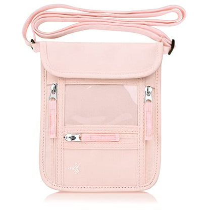 WALNEW Passport Holder Neck Pouch Travel Wallet for Women and Men, RFID Blocking Security Slim Traveling Wallet with Around Neck Lanyard Strap, Pink - color: Pink