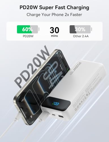 Nusyddy Portable Charger 20000mAh with 4 Built-in Cables & 6 Outputs White - color: Ivory