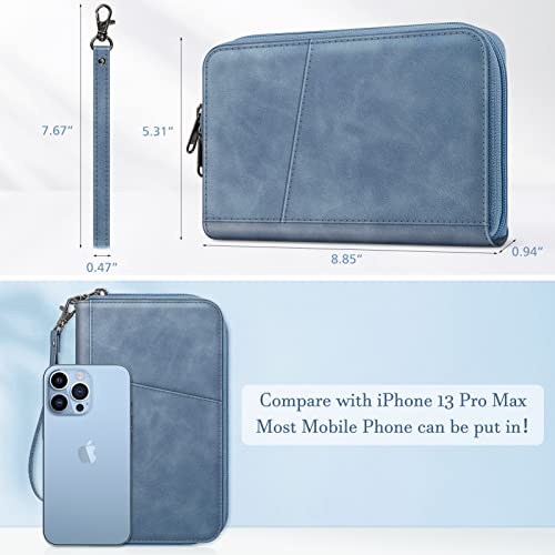 FINTIE Family Passport Holder Wallet Travel Document Organizer Clutch Bag | RFID Blocking Credit Cards Case Cover for Women Men - color: Haze Blue