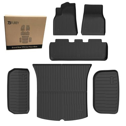 Floor Mats and Cargo Liners for 2020-2024 Tesla Model Y 5-Seat, 6 PCS Model Y Accseeories Entire Set with Dual-Layer Trunk Liner & Frunk Mat, Precision Custom All-Weather TPE Waterproof - style: Model Y 2020-2024 6PCS