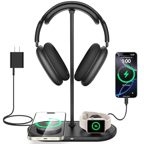 4 in 1 Headphone Stand, 15W Wireless Charger for Airpods/iPhone/iWatch - color: Dark Black
