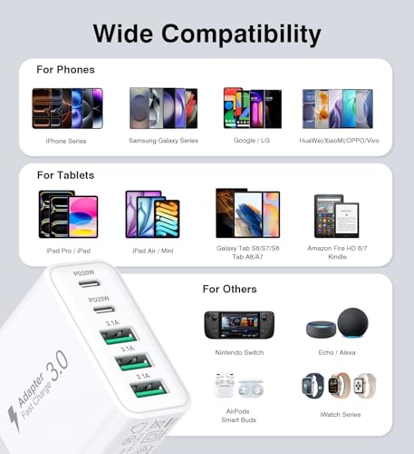 2Pack USB C Fast Charger Block, 60W 5-Port USBC Wall Charger Plug Adapter