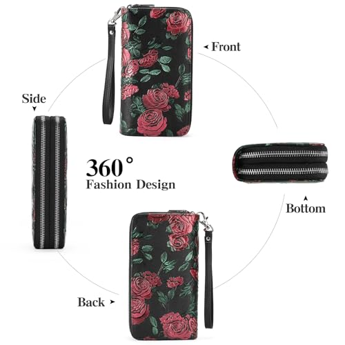 GOIACII Women's Wallet RFID Blocking Leather Wristlet - color: B03 Red Rose