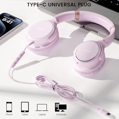 USB C Wired Over-Ear Headphones with Microphone - color: Pink