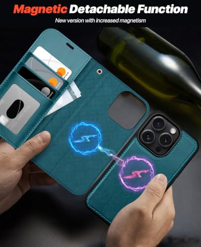 OCASE for iPhone 16 Pro Case Detachable Wallet Case with Card Holder, 2 in 1 Pu Leather Flip Folio with RFID Blocking Stand Wrist Strap Shockproof Phone Cover 6.3 Inch 2024, Peacock Blue | PU Leather, RFID Blocking, Wireless Charging, Card Holders, Kickst
