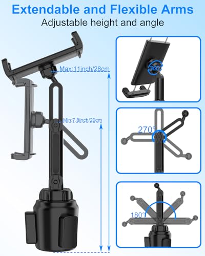 Cup Holder Tablet Mount for Car, iPad Cup Holder Mount for Truck with Adjustable Arm, Car Cup Tablet Holder for iPad Pro 12.9, Air, Mini, iPhone, Galaxy Tab/Z Fold, 4.7-13" Tablets