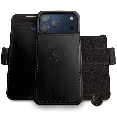 Dreem Real Leather Magnetic Detachable Wallet Case for iPhone 17 Pro | Revolutionary Vert/Hor Phone Stand, RFID Blocking Card Holder Flip Cover, MagSafe-Fit, Gift Box [Fibonacci: Black]