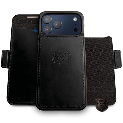 Dreem Real Leather Magnetic Detachable Wallet Case for iPhone 17 Pro | Revolutionary Vert/Hor Phone Stand, RFID Blocking Card Holder Flip Cover, MagSafe-Fit, Gift Box [Fibonacci: Black]