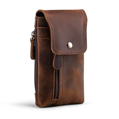 Top Grain Leather Cell Phone Holster Belt Pouch Case with Belt Clip - color: Coffee