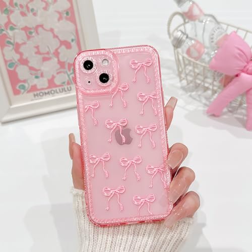 NITITOP Compatible with iPhone 14 Case Cute Clear Pink Glitter Bow Knot Design Shiny Star Sparkle Bling Diamond Girls Women Soft TPU Shockproof Protective Phone Cover - Large Bow - color: Large Bow, size: iPhone 14