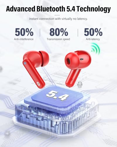 Wireless Earbuds, Bluetooth 5.4 Headphones Bass Stereo/Clear Calls, Red - color: Red