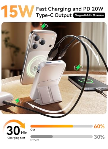 Magnetic Portable Charger, 10000mAh Power Bank with Leather Foldable Stand - color: Ivory White