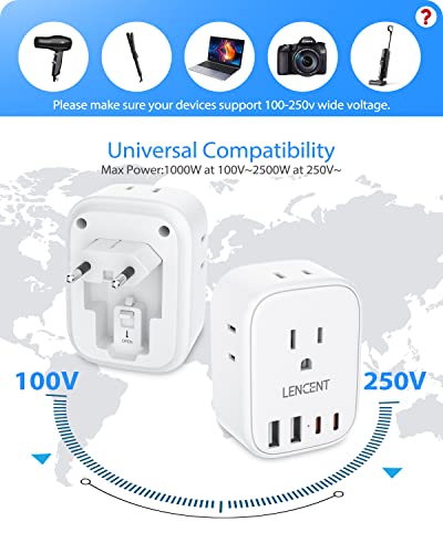LENCENT 3 Pack European Travel Plug Adapter, US to Europe Type-C Foldable - style: Type C-3Pack-Most of Europe