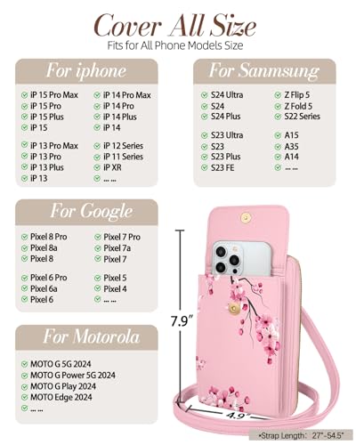 Leather Cell Phone Purse Crossbody Bag for Women | Adjustable Shoulder Strap, Card Slots, Secure Wallet Interior, Cute Pattern Styles, Small Carry for Travel and Daily Use - color: Peach Blossom