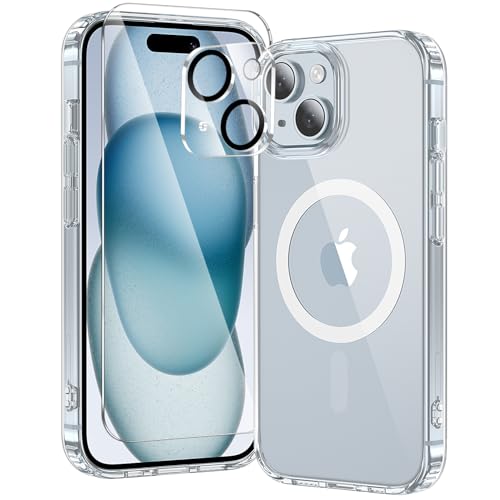 toushion 3 in 1 for iPhone 15 Case Clear with MagSafe, Not Yellowing, Screen Protector*1 Camera Lens Protector*1, Military-Grade Protection for iPhone 15 Phone Case 6.1 inch Clear - color: Clear, size: iPhone 15（6.1"）